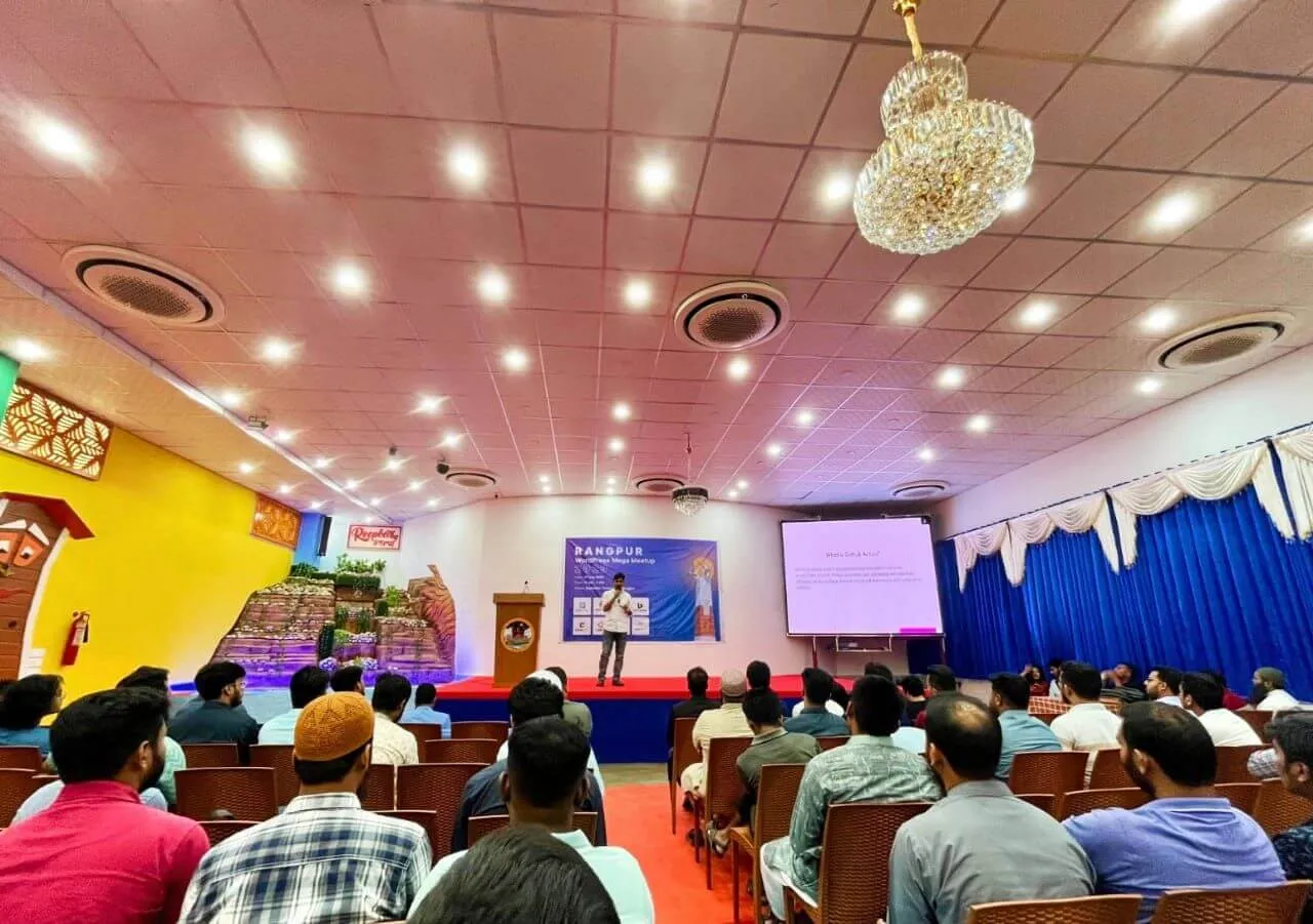 Alberuni Azad speaking at Rangpur WordPress Mega Meetup in 2023