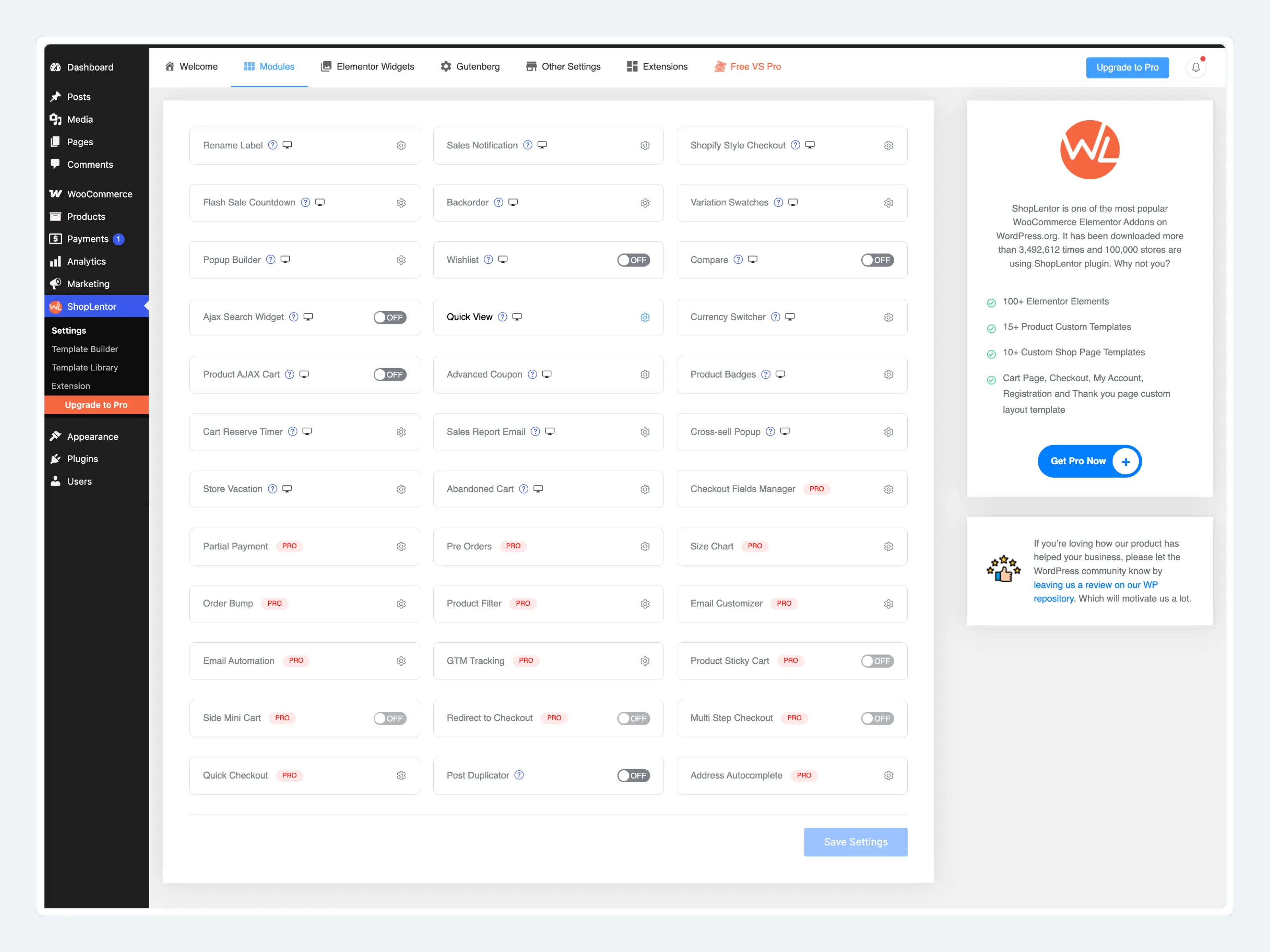 ShopLentor modules dashboard inside WordPress admin