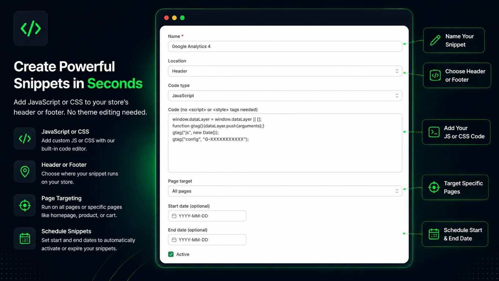 Header & Footer Scripts code editor showing a custom snippet with page targeting and scheduling options